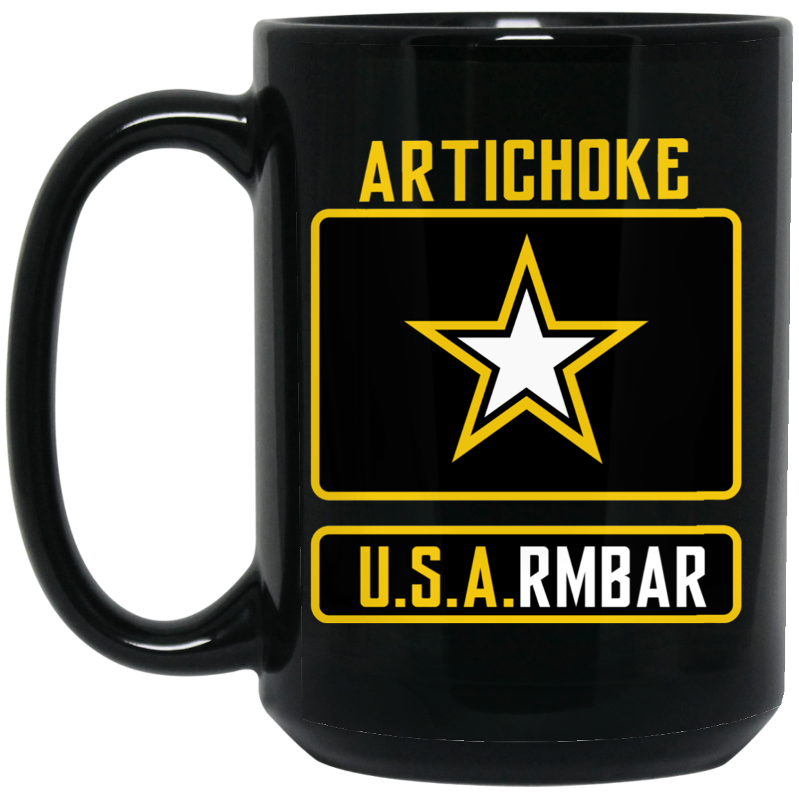 Artichoke Fight Gear Custom Design #8. ArtichokeUSArmbar. US Army Parody. 15 oz. Black Mug