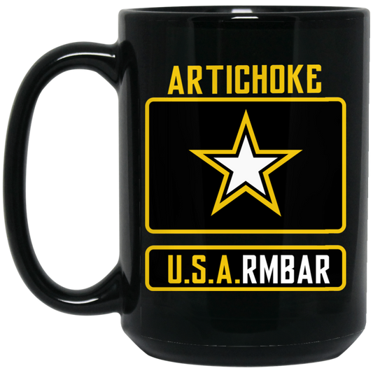 Artichoke Fight Gear Custom Design #8. ArtichokeUSArmbar. US Army Parody. 15 oz. Black Mug