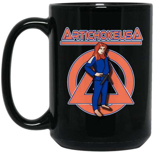 ArtichokeUSA Character and Font design. Let's Create Your Own Team Design Today. Amber. 15 oz. Black Mug