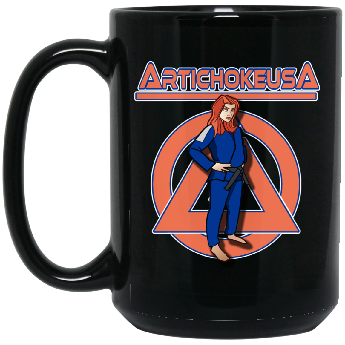 ArtichokeUSA Character and Font design. Let's Create Your Own Team Design Today. Amber. 15 oz. Black Mug