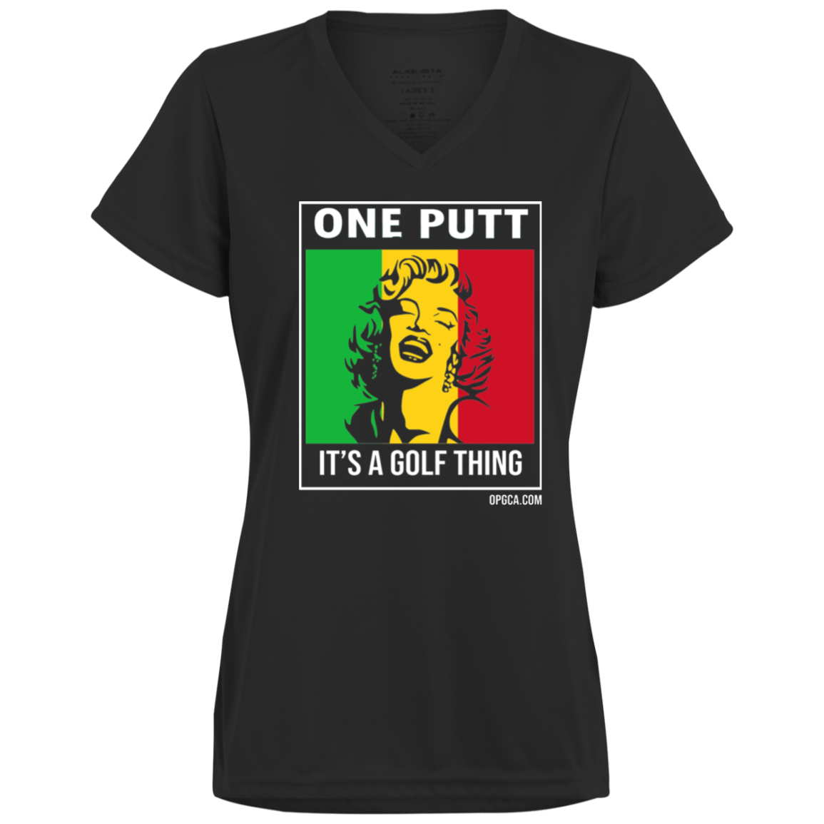 OPG Custom Design #22. One Putt / One Love Parody with Fan Art. Female Edition. Ladies’ 100% polyester V-Neck Tee