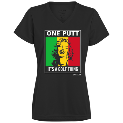 OPG Custom Design #22. One Putt / One Love Parody with Fan Art. Female Edition. Ladies’ 100% polyester V-Neck Tee