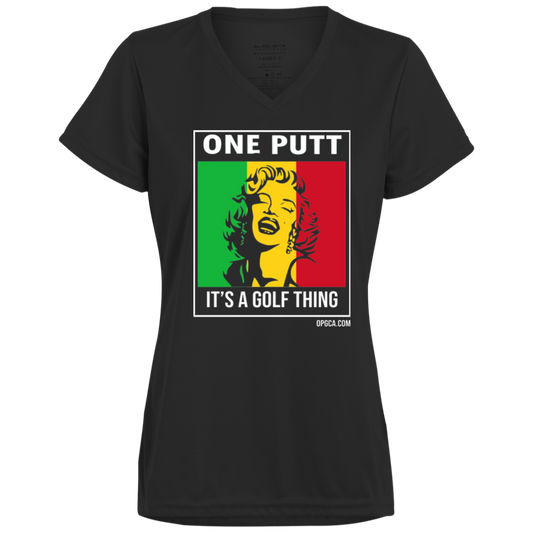 OPG Custom Design #22. One Putt / One Love Parody with Fan Art. Female Edition. Ladies’ 100% polyester V-Neck Tee