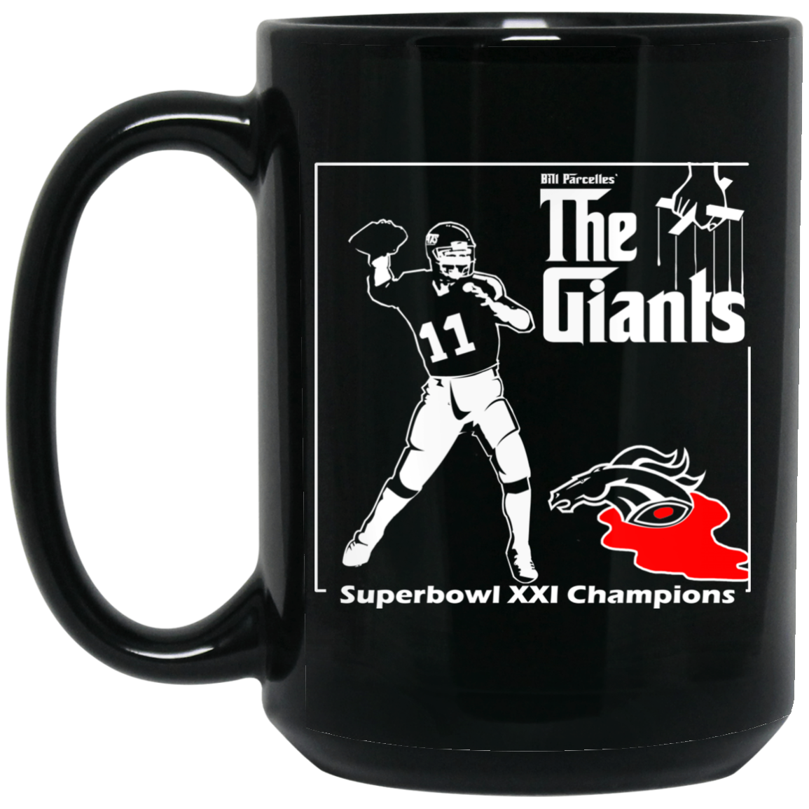 ArtichokeUSA Custom Design. Godfather Simms. NY Giants Superbowl XXI Champions. Fan Art. 15 oz. Black Mug