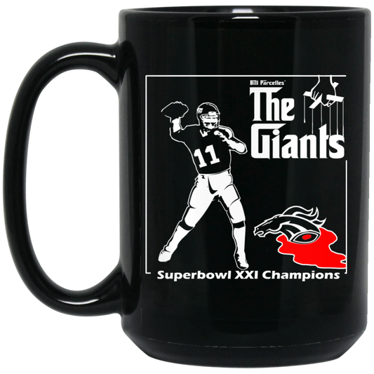 ArtichokeUSA Custom Design. Godfather Simms. NY Giants Superbowl XXI Champions. Fan Art. 15 oz. Black Mug