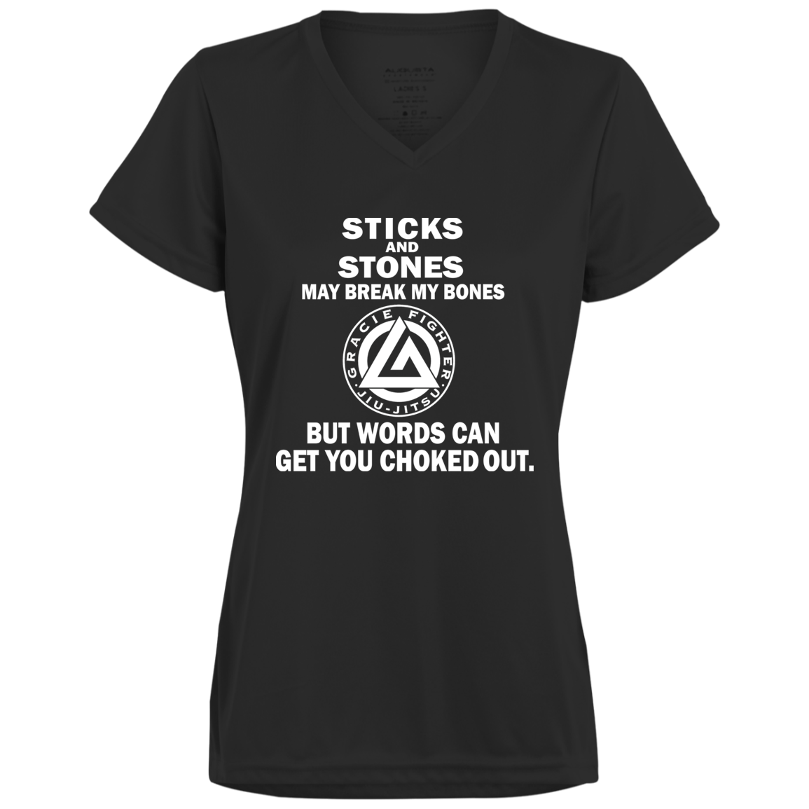 Artichoke Fight Gear Custom Design #19. Sticks and Stones. Ladies’ Moisture-Wicking V-Neck Tee