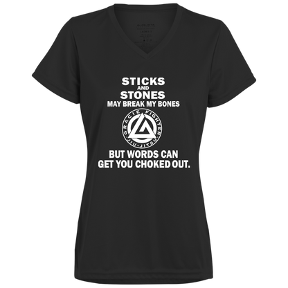 Artichoke Fight Gear Custom Design #19. Sticks and Stones. Ladies’ Moisture-Wicking V-Neck Tee
