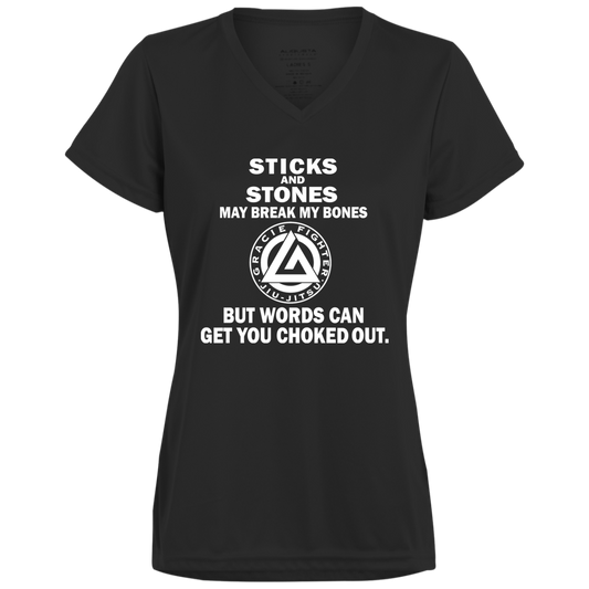 Artichoke Fight Gear Custom Design #19. Sticks and Stones. Ladies’ Moisture-Wicking V-Neck Tee