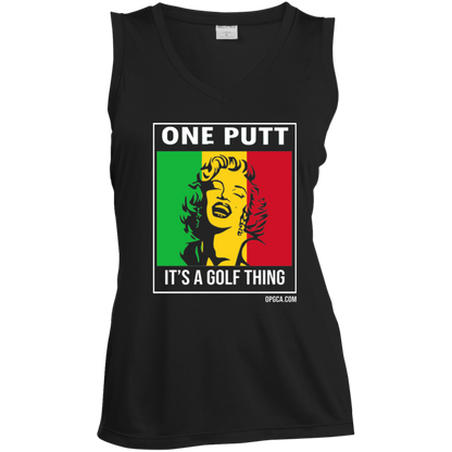 OPG Custom Design #22. One Putt / One Love Parody with Fan Art. Female Edition. Ladies' Sleeveless V-Neck