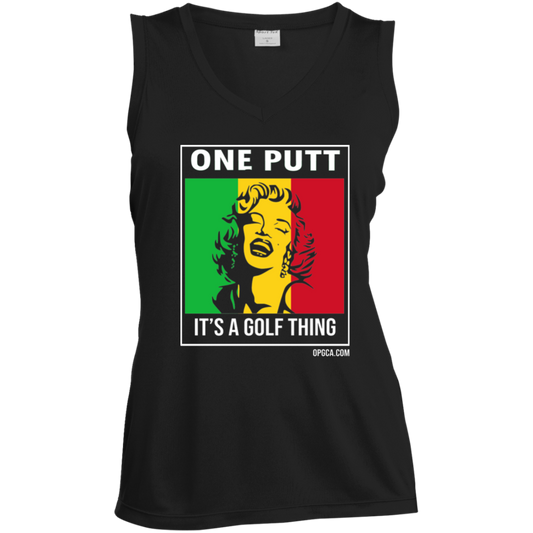 OPG Custom Design #22. One Putt / One Love Parody with Fan Art. Female Edition. Ladies' Sleeveless V-Neck