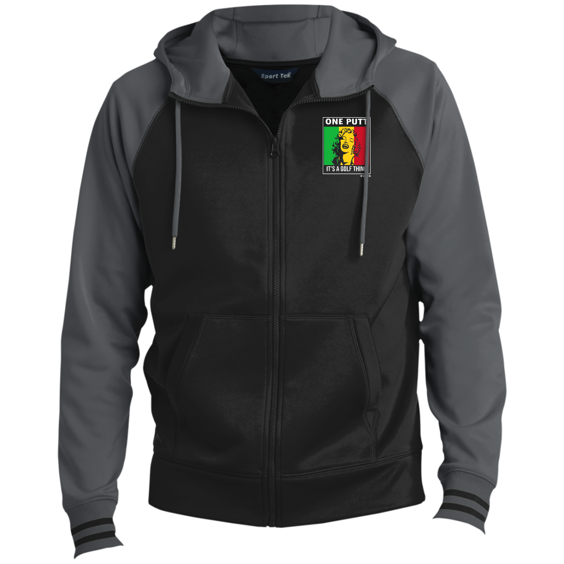 OPG Custom Design #22. One Putt / One Love Parody with Fan Art. Female Edition. Sport-Wick® Full-Zip Hooded Jacket