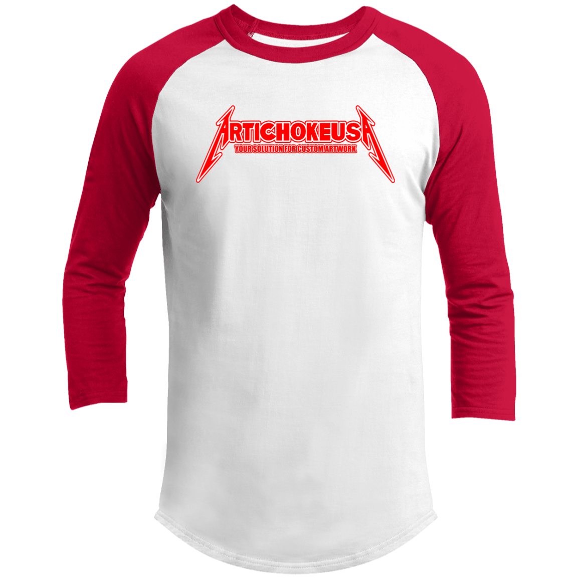 ArtichokeUSA Custom Design. Metallica Style Logo. Let's Make One For Your Project. Men's 3/4 Raglan Sleeve Shirt