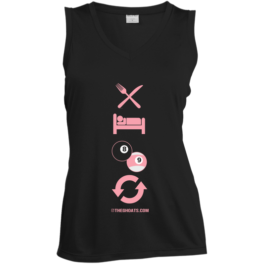 The GHOATS Custom Design #8. Eat Sleep Play 8 ball Play 9 ball Repeat. Ladies' 100% polyester interlock with PosiCharge technology