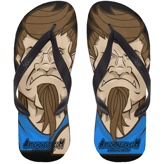 ArtichokeUSA Character and Font design. Let's Create Your Own Team Design Today. Mullet Mike. Adult Flip Flops
