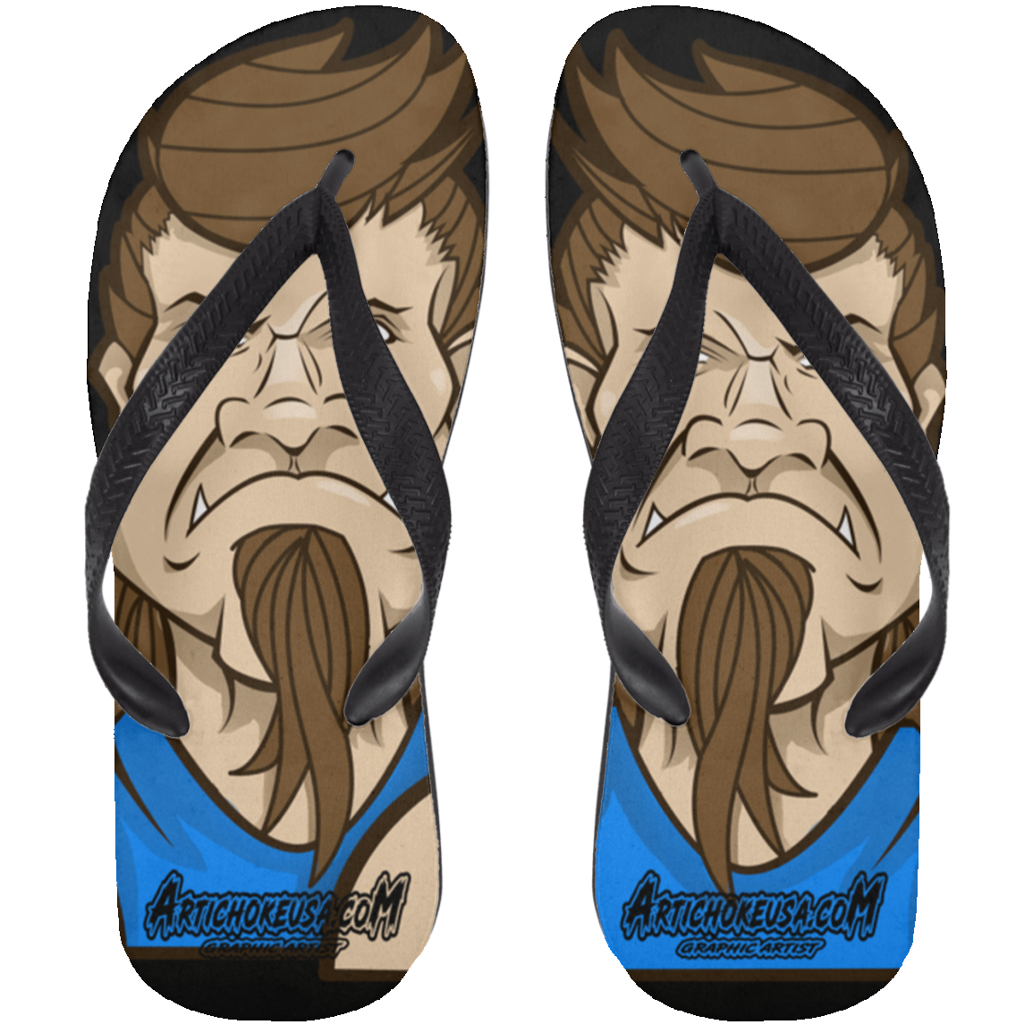 ArtichokeUSA Character and Font design. Let's Create Your Own Team Design Today. Mullet Mike. Adult Flip Flops