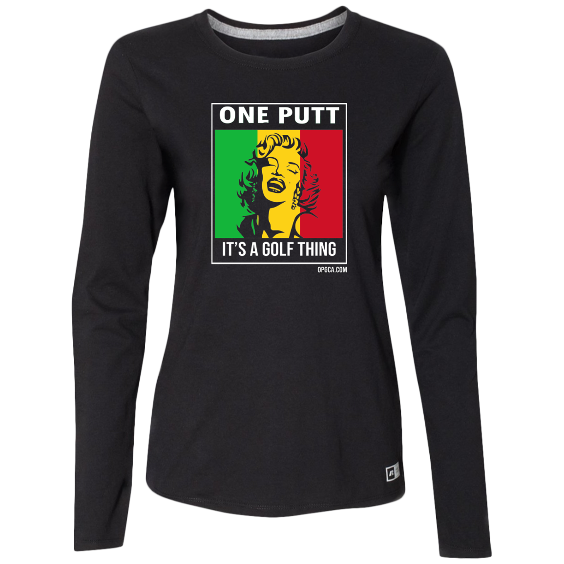 OPG Custom Design #22. One Putt / One Love Parody with Fan Art. Female Edition. Ladies’ Essential Dri-Power Long Sleeve Tee