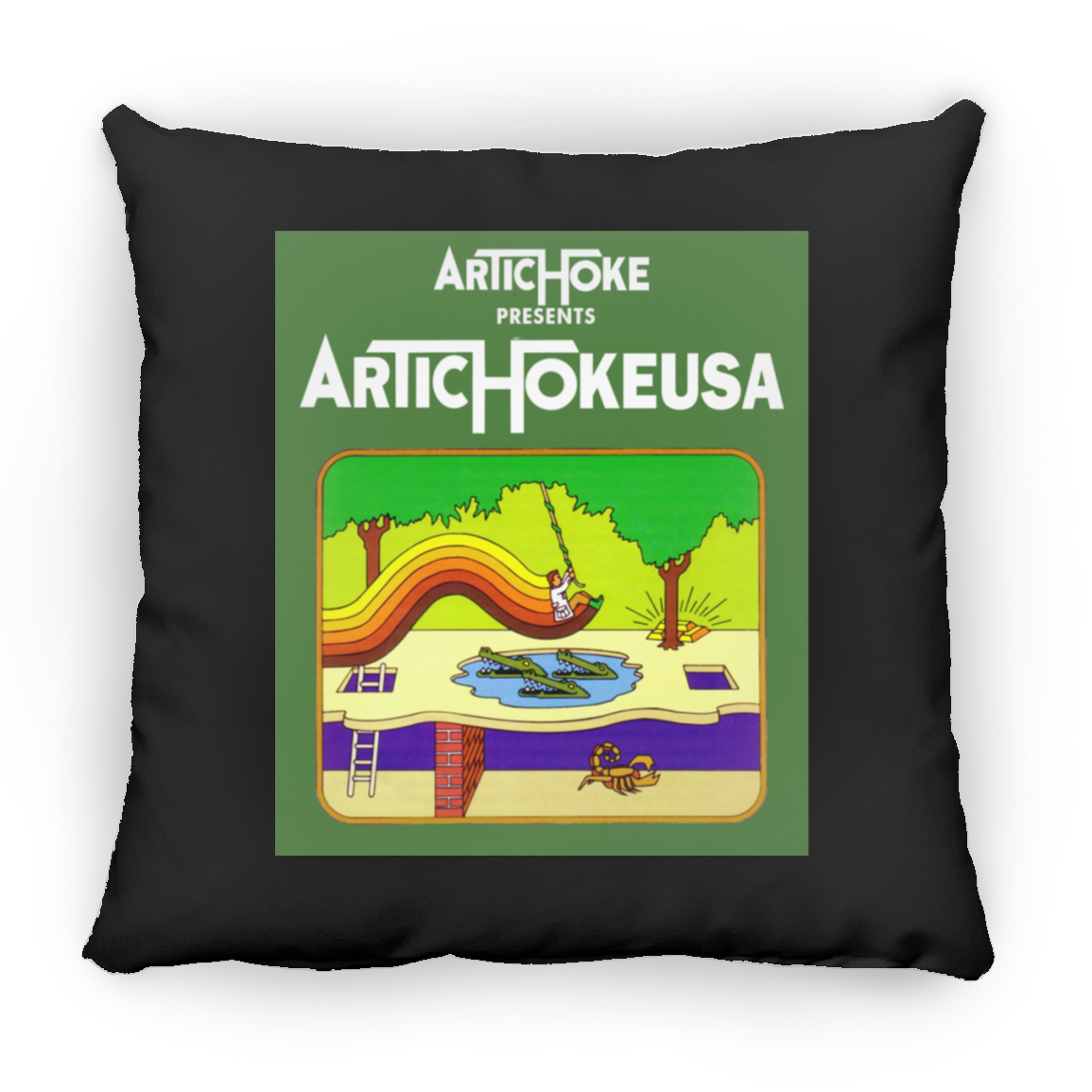 ArtichokeUSA Custom Design. Pitfall Game. Activision Parody. Ladies' Soft Style Hoodie Square Pillow 18x18