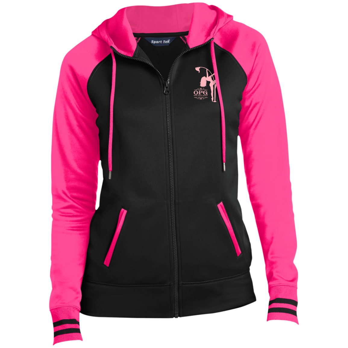 OPG Custom Design #10. Lady on Front / Flag Pole Dancer On Back. Ladies' Sport-Wick® Full-Zip Hooded Jacket