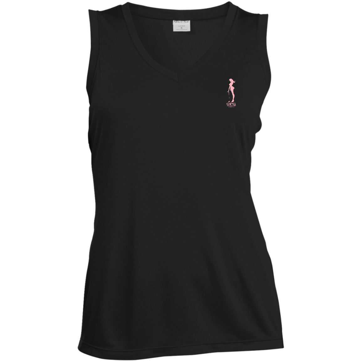 OPG Custom Design #10. Lady on Front / Flag Pole Dancer On Back. Ladies' Sleeveless V-Neck