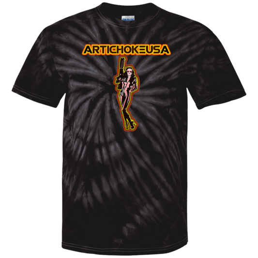 ArtichokeUSA Character and Font design. Let's Create Your Own Team Design Today. Mary Boom Boom. 100% Cotton Tie Dye T-Shirt