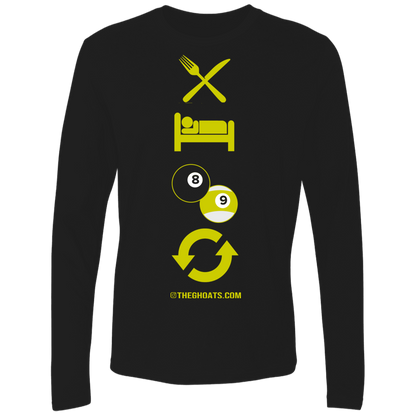 The GHOATS Custom Design #8. Eat Sleep Play 8 ball Play 9 ball Repeat. Ultra Soft Fitted Men's Long Sleeve