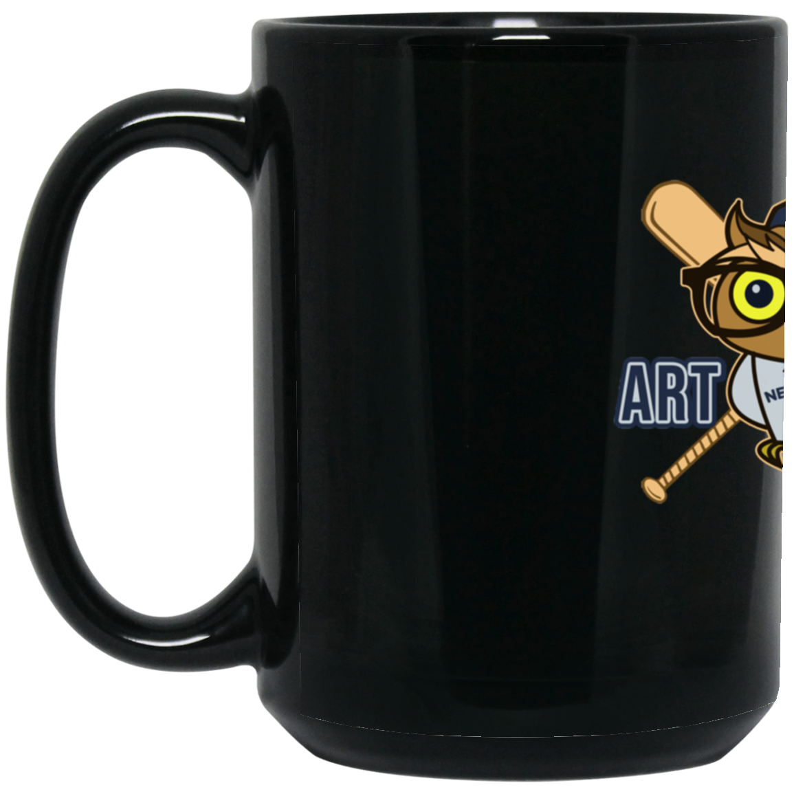 ArtichokeUSA Character and Font design. New York Owl. NY Yankees Fan Art. Let's Create Your Own Team Design Today. 15 oz. Black Mug