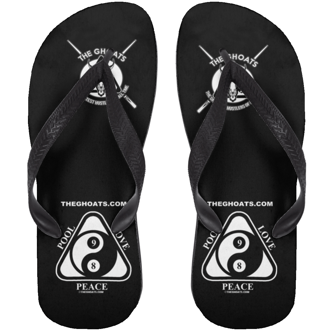 The GHOATS Custom Design #9. Ying Yang. Pool Love Peace. Adult Flip Flops