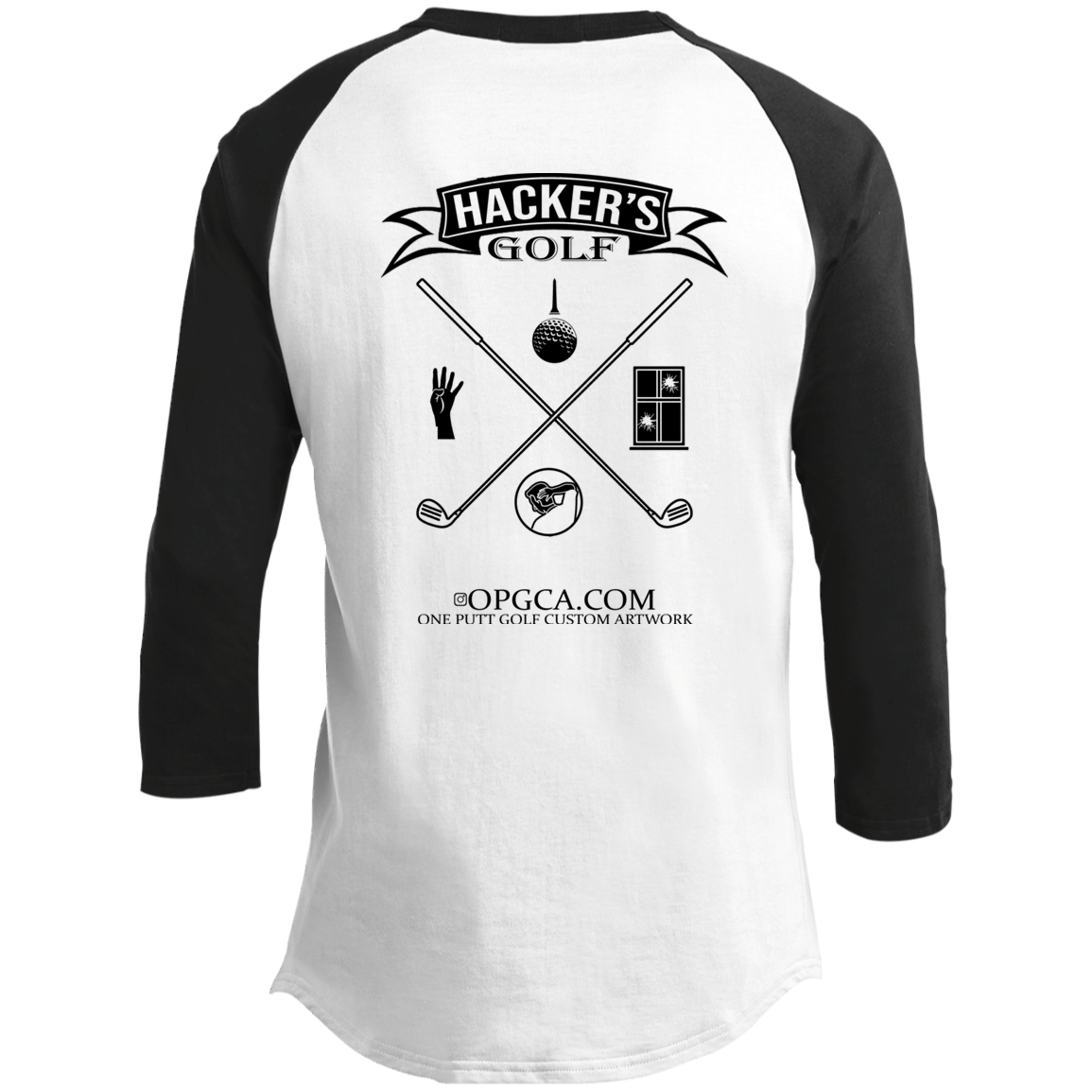 OPG Custom Design #20. 1st Annual Hackers Golf Tournament. 3/4 Raglan Sleeve Shirt 100% Ringspun Combed Cotton
