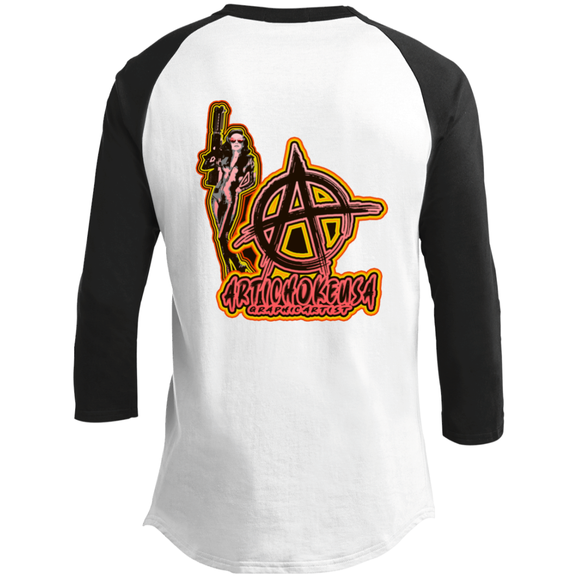 ArtichokeUSA Character and Font design. Let's Create Your Own Team Design Today. Mary Boom Boom. Youth 3/4 Raglan Sleeve Shirt