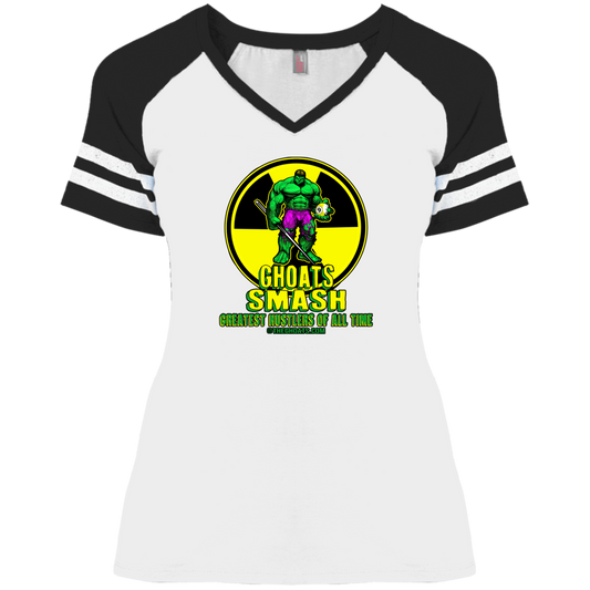 The GHOATS Custom Design. #13. GHOATS SMASH. Ladies' Game V-Neck T-Shirt