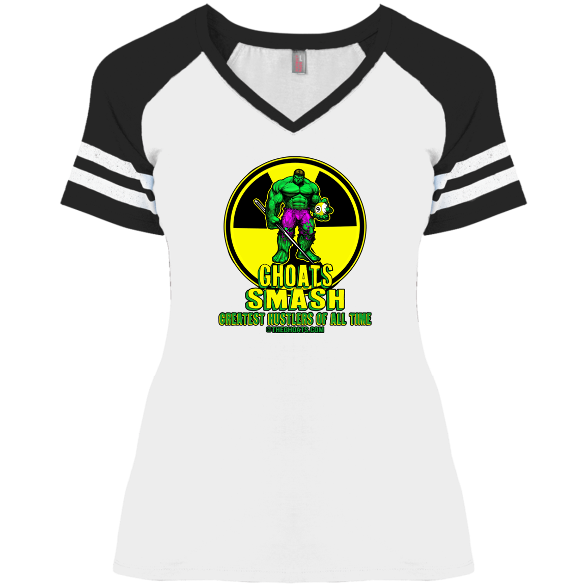 The GHOATS Custom Design. #13. GHOATS SMASH. Ladies' Game V-Neck T-Shirt