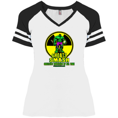 The GHOATS Custom Design. #13. GHOATS SMASH. Ladies' Game V-Neck T-Shirt