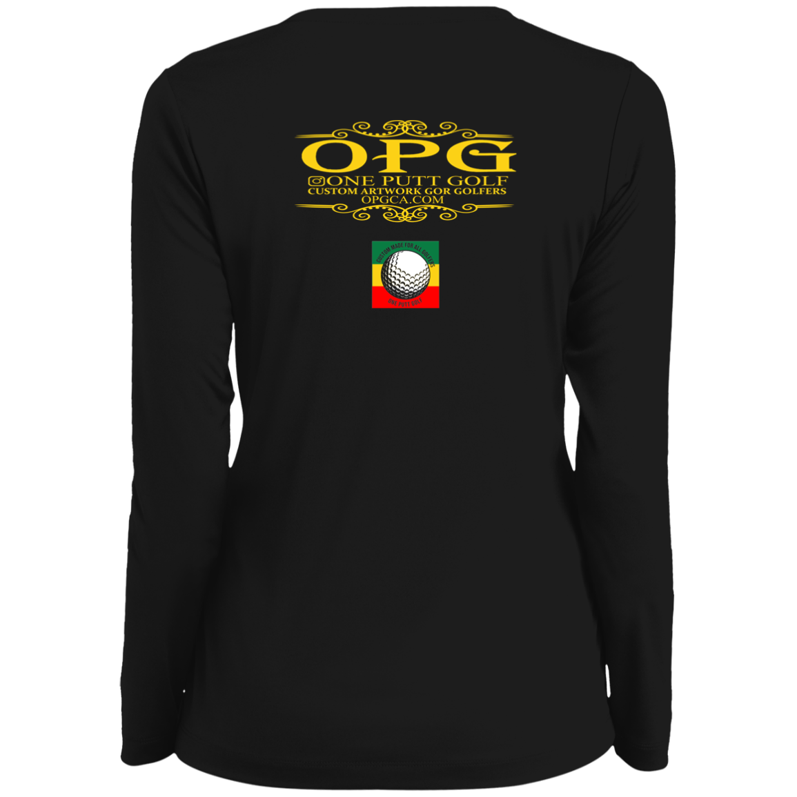 OPG Custom Design #22. One Putt / One Love Parody with Fan Art. Female Edition. Ladies' Moisture-Wicking Long Sleeve V-Neck Tee