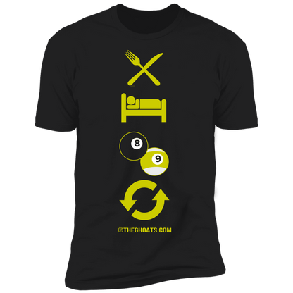 The GHOATS Custom Design #8. Eat Sleep Play 8 ball Play 9 ball Repeat. Next Level Ultra Soft Fitted T-Shirt