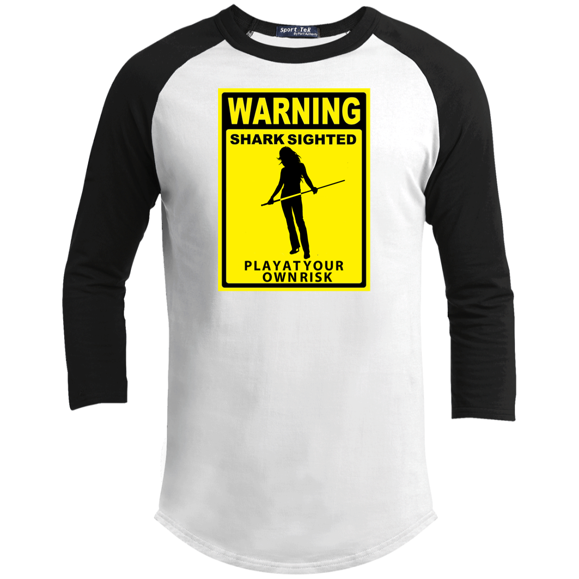 The GHOATS Custom Design. #34 Beware of Sharks. Play at Your Own Risk. (Ladies only version). Youth 3/4 Raglan Sleeve Shirt