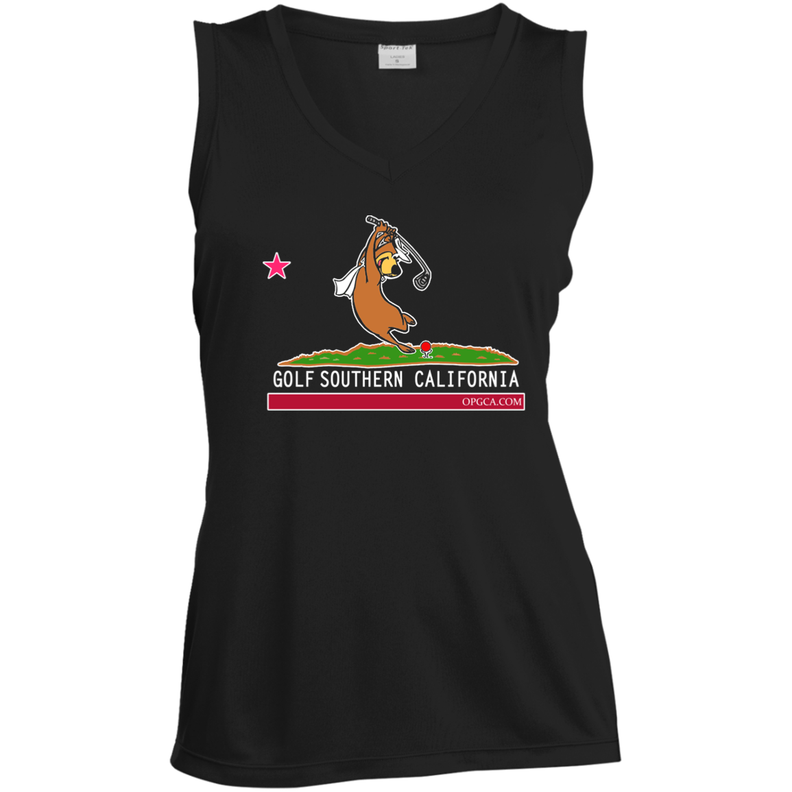 Custom Design #15. Golf Southern California with Yogi Fan Art. Ladies' Sleeveless V-Neck