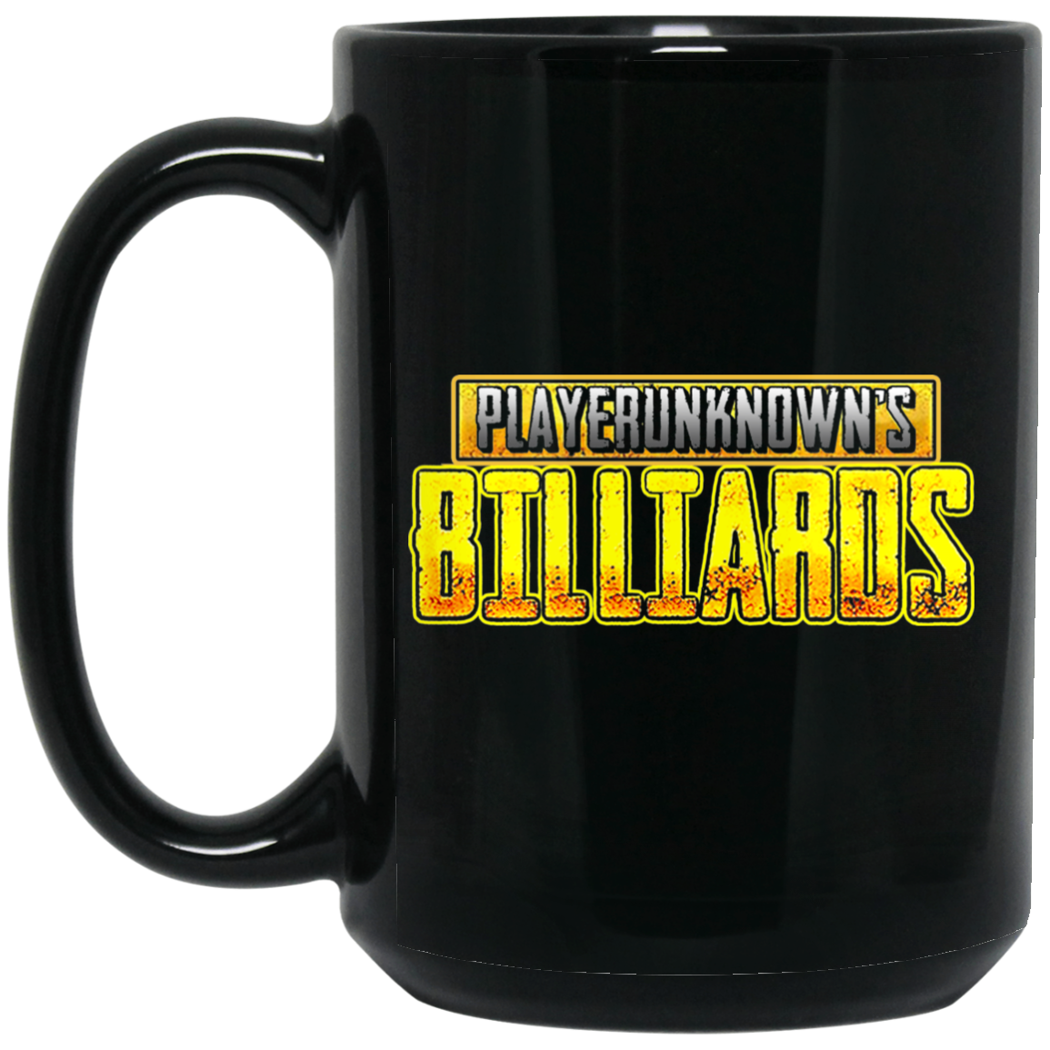 The GHOATS Custom Design. #27 PlayerUnknown's Billiards. PUBG Parody. 15 oz. Black Mug