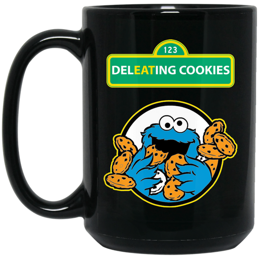 ArtichokeUSA Custom Design #58. DelEATing Cookes. IT humor. Cookie Monster Parody. 15 oz. Black Mug