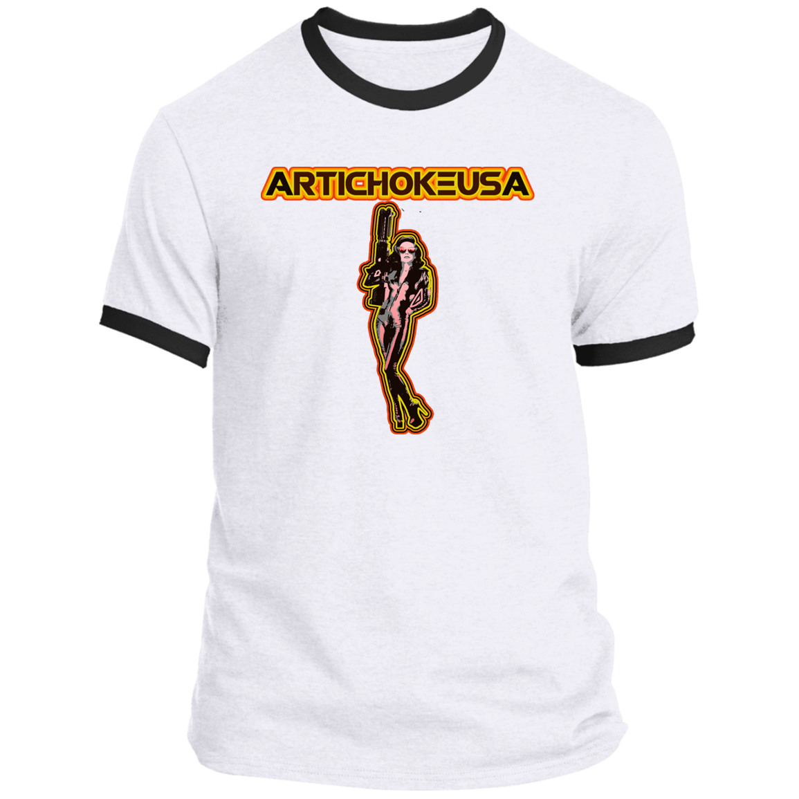 ArtichokeUSA Character and Font design. Let's Create Your Own Team Design Today. Mary Boom Boom. Ringer Tee