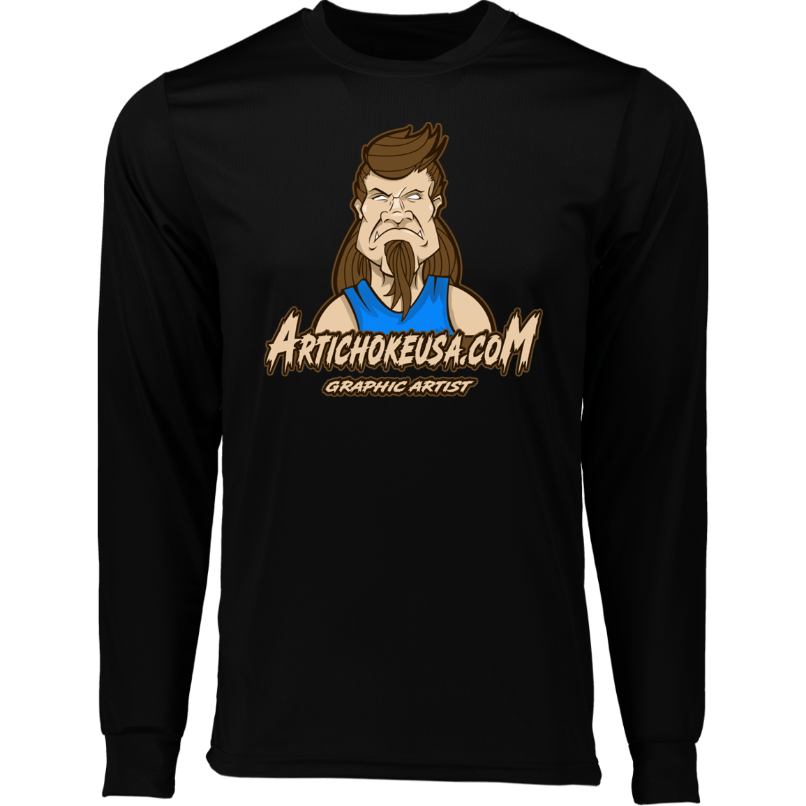 ArtichokeUSA Character and Font design. Let's Create Your Own Team Design Today. Mullet Mike. Long Sleeve Moisture-Wicking Tee