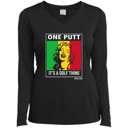OPG Custom Design #22. One Putt / One Love Parody with Fan Art. Female Edition. Ladies’ Long Sleeve Performance V-Neck Tee