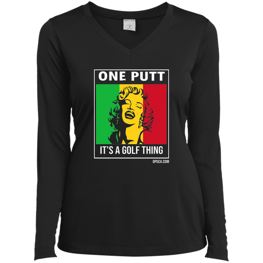 OPG Custom Design #22. One Putt / One Love Parody with Fan Art. Female Edition. Ladies’ Long Sleeve Performance V-Neck Tee