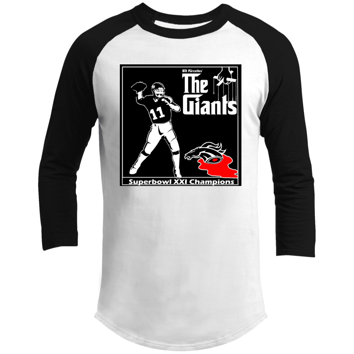 ArtichokeUSA Custom Design. Godfather Simms. NY Giants Superbowl XXI Champions. Men's 3/4 Raglan Sleeve Shirt