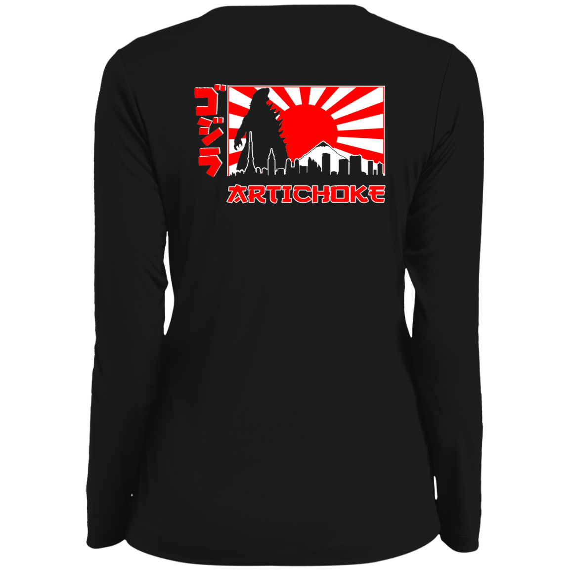 ArtichokeUSA Custom Design. Fan Art Mechagodzilla/Godzilla. Ladies' Moisture-Wicking Long Sleeve V-Neck Tee
