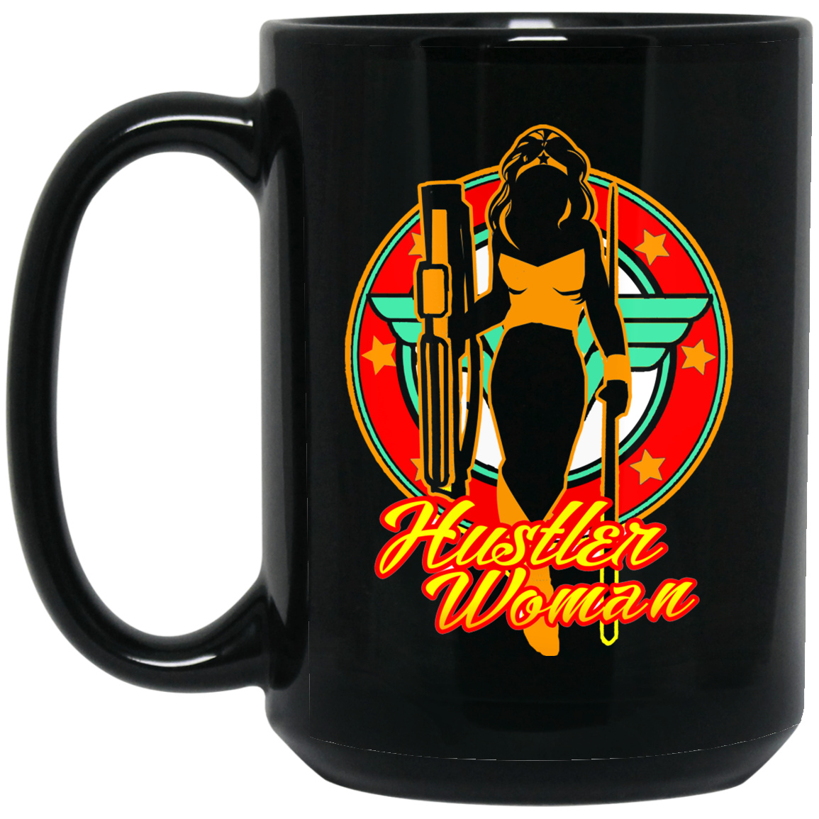 The GHOATS Custom Design #15. Hustler Woman. 15 oz. Black Mug
