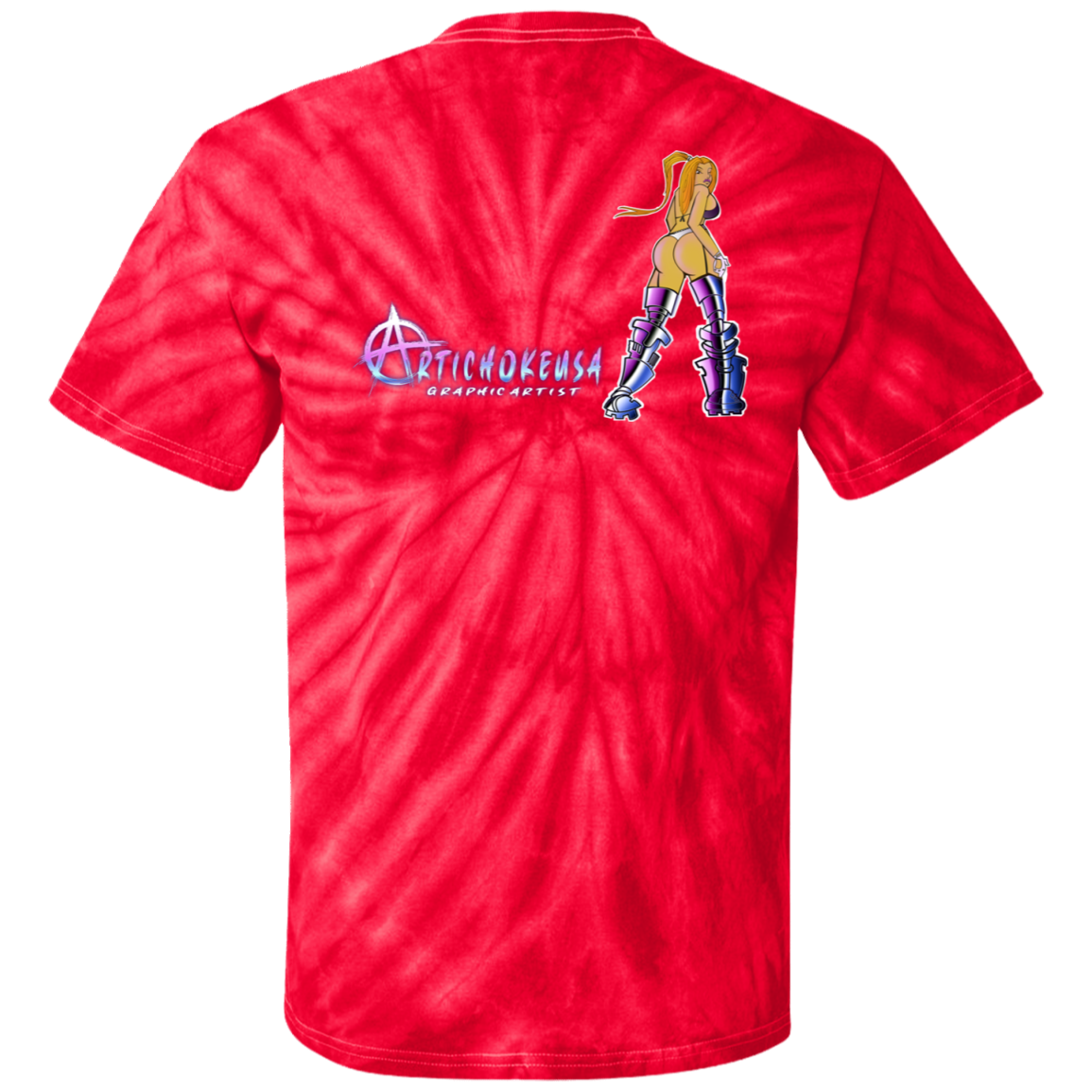 ArtichokeUSA Character and Font design. Let's Create Your Own Team Design Today. Dama de Croma. 100% Cotton Tie Dye T-Shirt