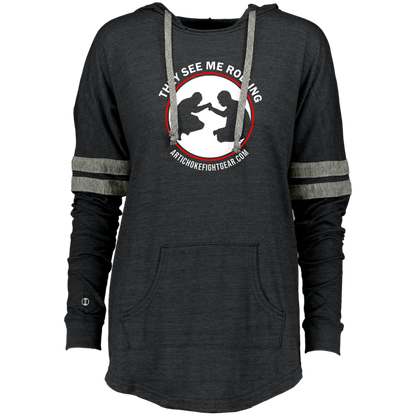 Artichoke Fight Gear Custom Design #16. They See Me Rolling. Ladies Hooded Low Key Pullover