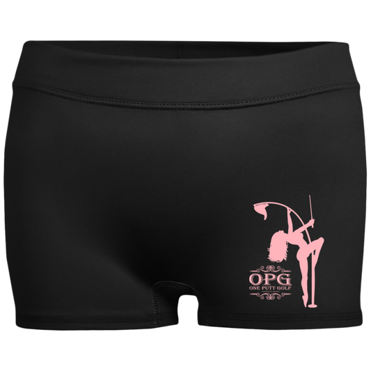 OPG Custom Design #10. Lady on Front / Flag Pole Dancer On Back. Ladies' Fitted Moisture-Wicking 2.5 inch Inseam Shorts