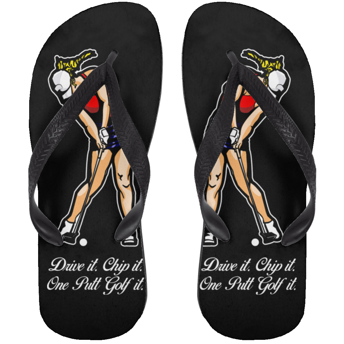 OPG Custom Design #9. Drive it. Chip it. One Putt Golf it. Adult Flip Flops