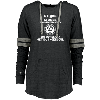 Artichoke Fight Gear Custom Design #19. Sticks and Stones. Ladies Hooded Low Key Pullover